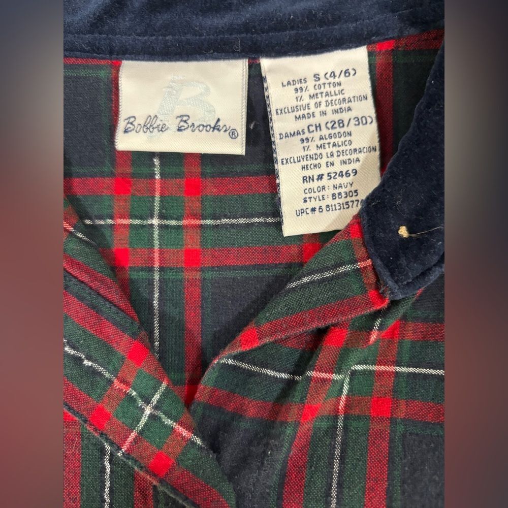 Bobbie Brooks Velvet Collar Embroidered Plaid Holiday Button Up 80s Top Size S - Picture 6 of 8